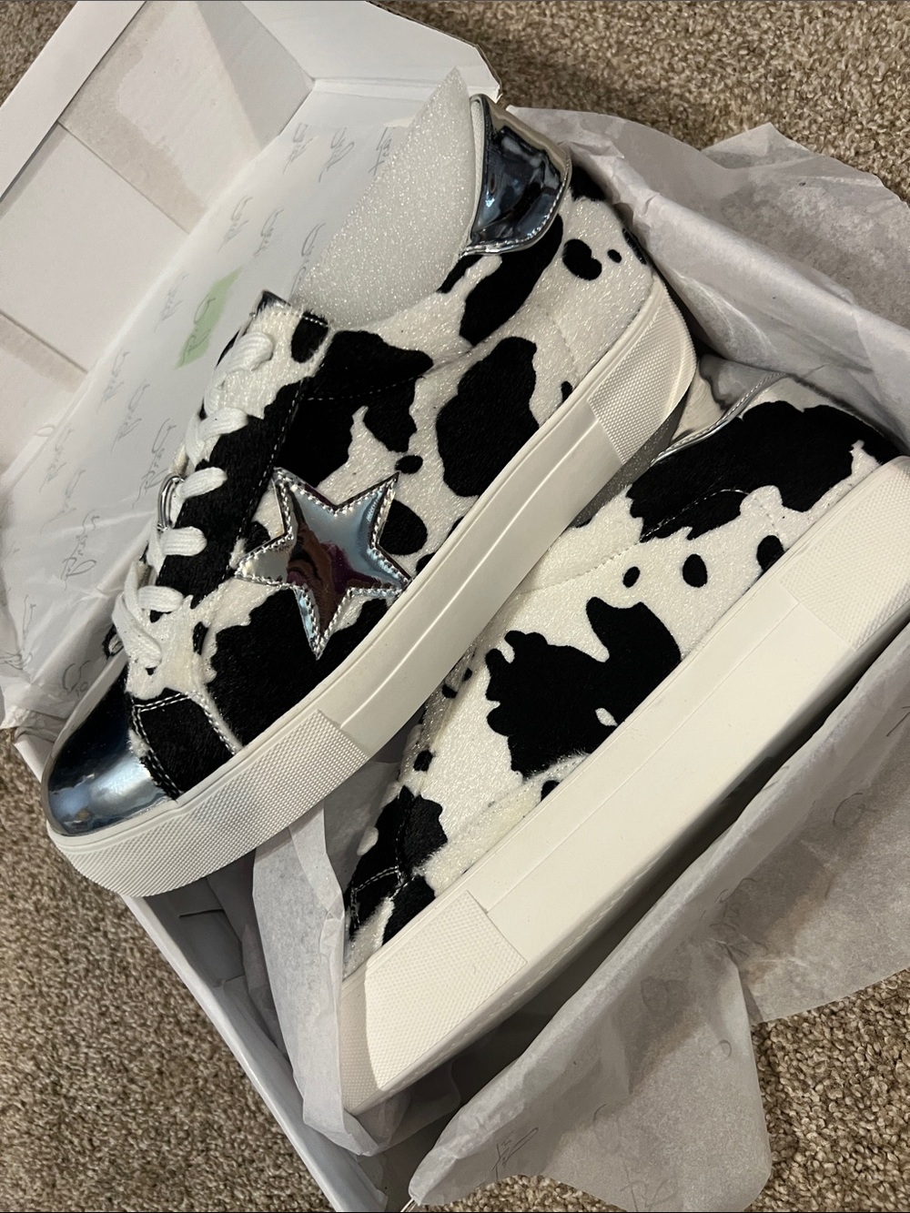 Cow Print Star Accent Platform Sneakers - Black & White